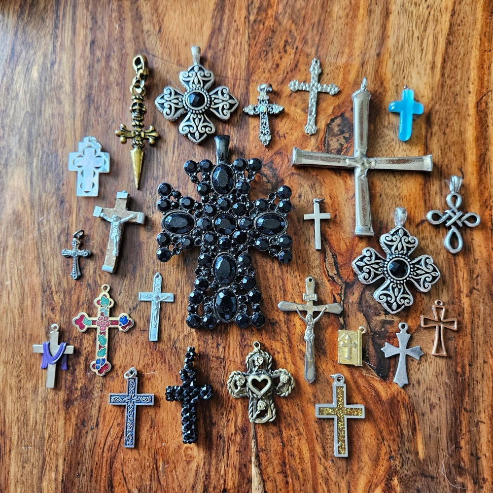 Vintage Mixed Cross Pendant Lot 23pc Gothic Religious Crucifix Jewelry Charms